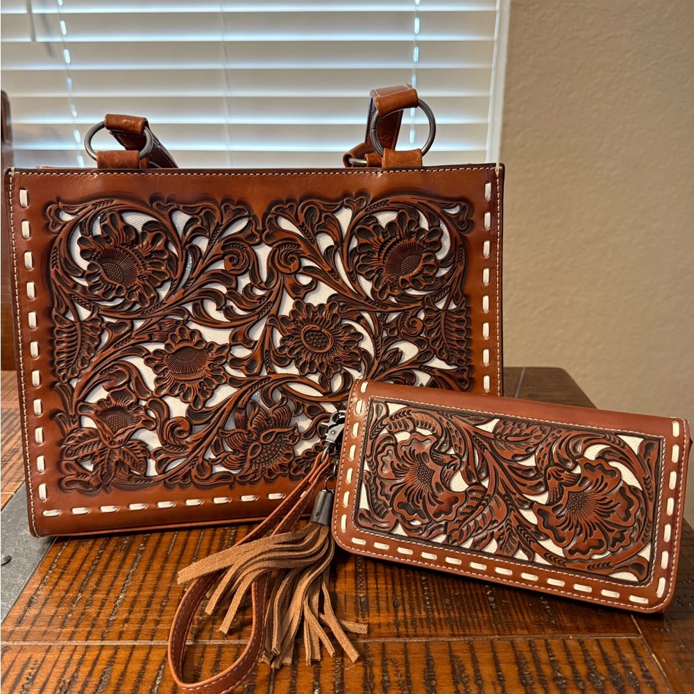 Hand-Tooled Leather Tote and Matching Wallet — Brown Floral Design